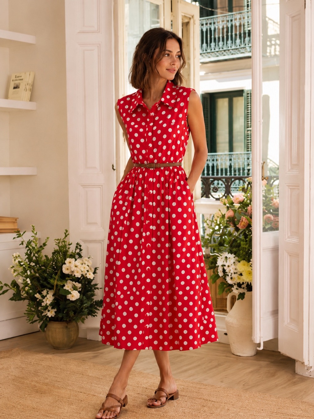 Compañía Fantástica Red Polka Dot Sleeveless Midi Shirt Dress L